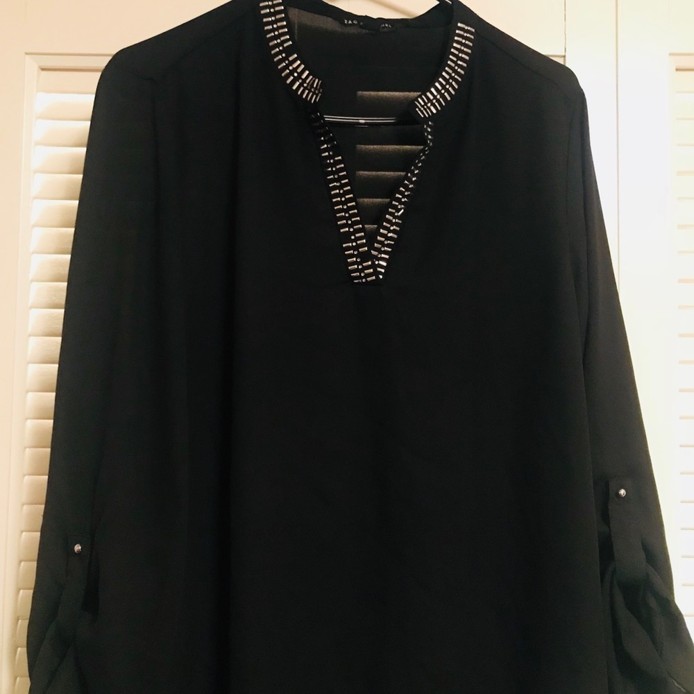 Black dressy flowy top w/studded collar